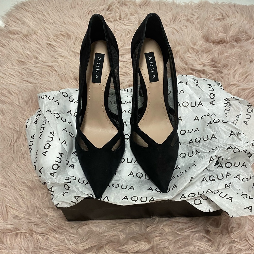 Size 9 Aqua heels in black suede with mesh sides. 4” heel
